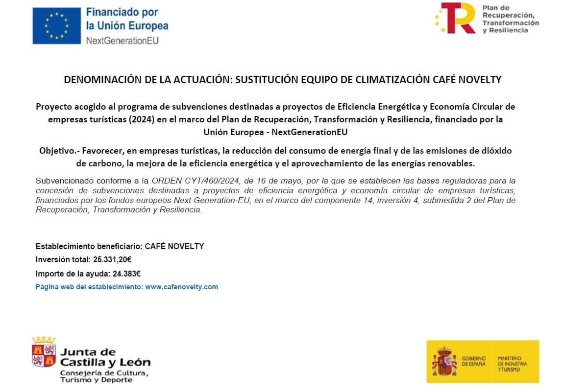 El Café Novelty renueva su climatización con el apoyo de los Fondos NEXT GENERATION, la Junta de Castilla y León y el Ministerio de Industria, Comercio y Turismo, Café Novelty